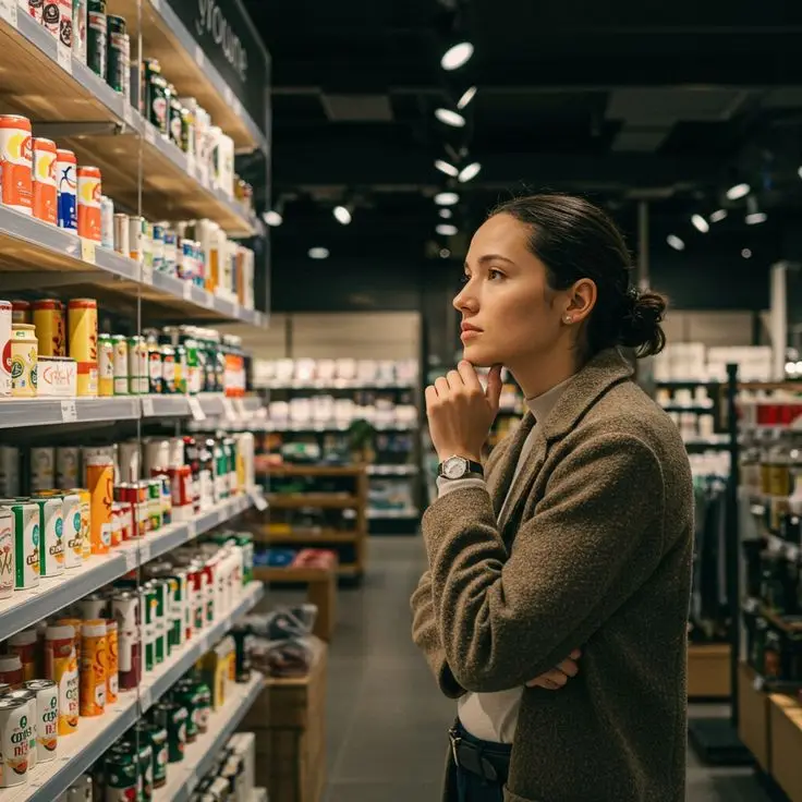 Mulher parada no corredor do supermercado avaliando os produtos da prateleira